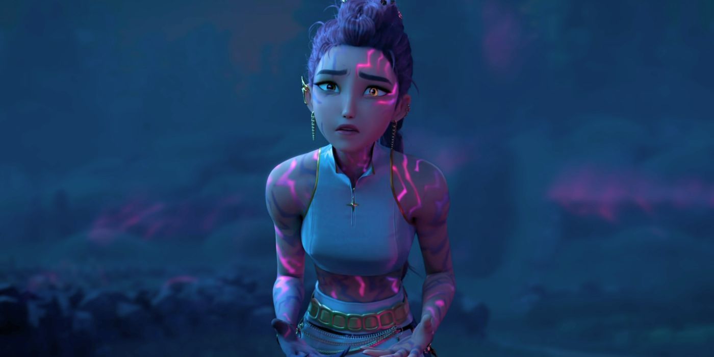 Rumi looks distraught at night as her demon stripes are visible and glowing in KPop Demon Hunters.