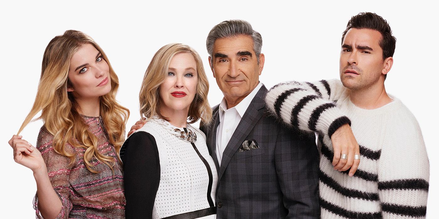 Annie Murphy, Catherine O'Hara, Eugene Levy, and Dan Levy in promotional image of Schitt's Creek.