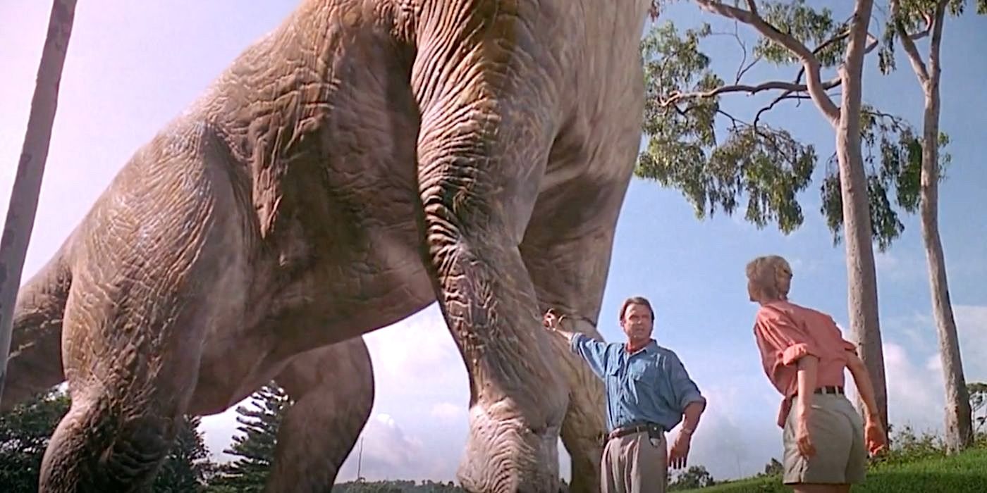 The Brachiosaurus towers over Sam Neill and Laura Dern in Jurassic Park.