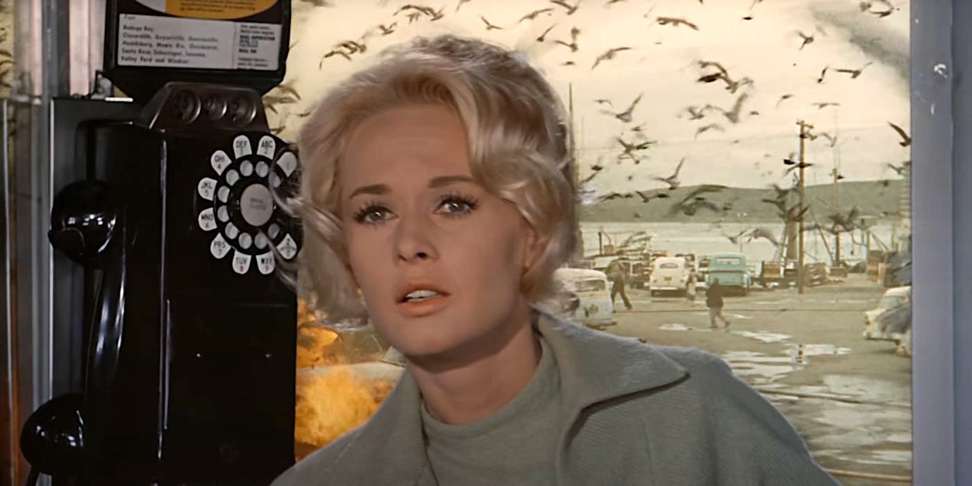 Tippi Hedren está preso em uma cabine telefônica em The Birds, de Alfred Hitchcock.