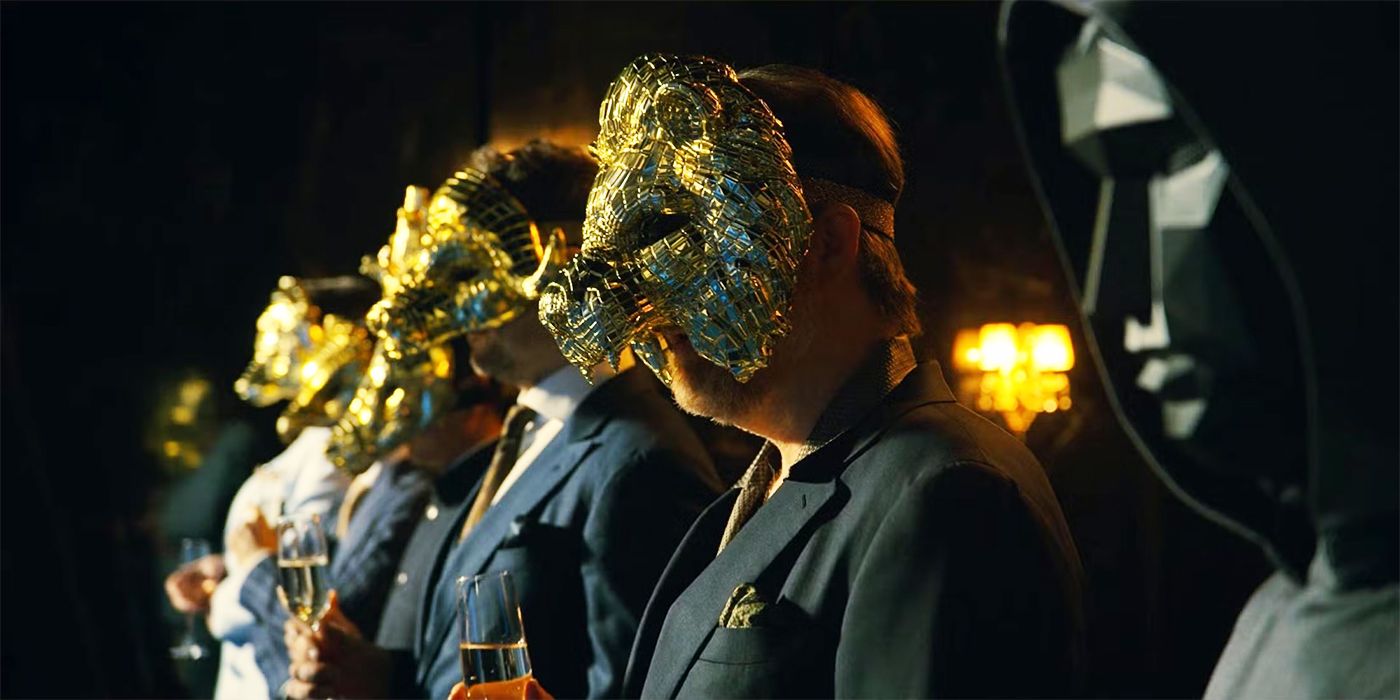 The VIPs standing together with their masks on in Squid Game Season 3