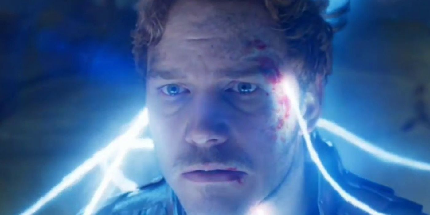 Star-Lord (Chris Pratt) with electricity around his head in Guardians of the Galaxy Vol. 2.