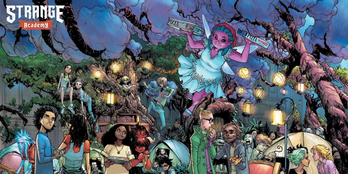 The cover of Stranger Academy #18 features different humans and other beings interacting with another