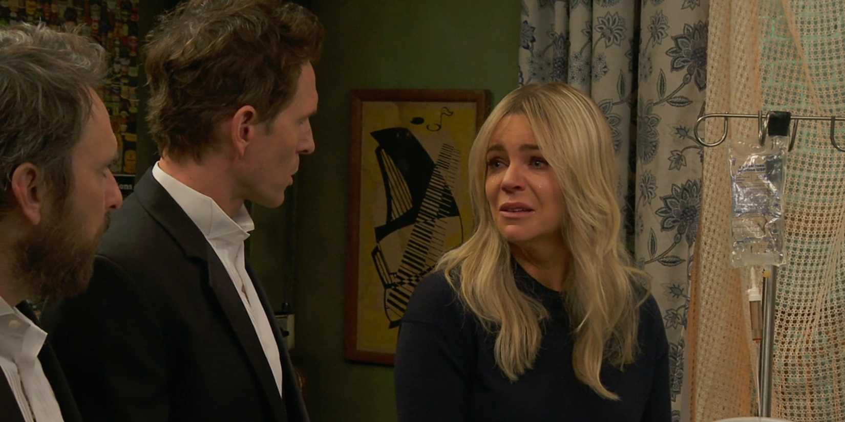 Dee Reynolds crying while talking to Dennis and Charlie in It's Always Sunny in Philadelphia Season 17.
