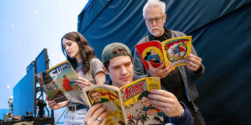 Rachel Brosnahan, David Corenswet, and James Gunn reading comics on the set of Superman