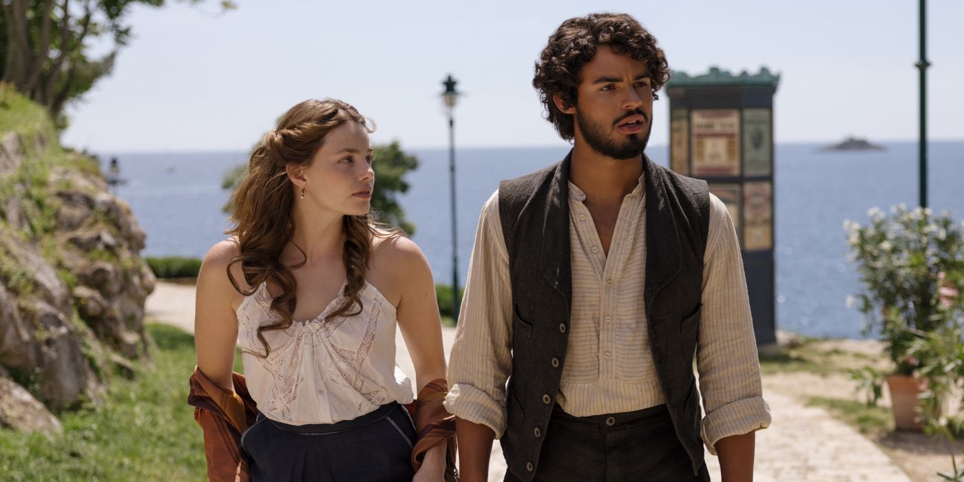 Nan (Kristine Froseth) and Guy (Matthew Broome) walking together in The Buccaneers Season 2 Episode 4.