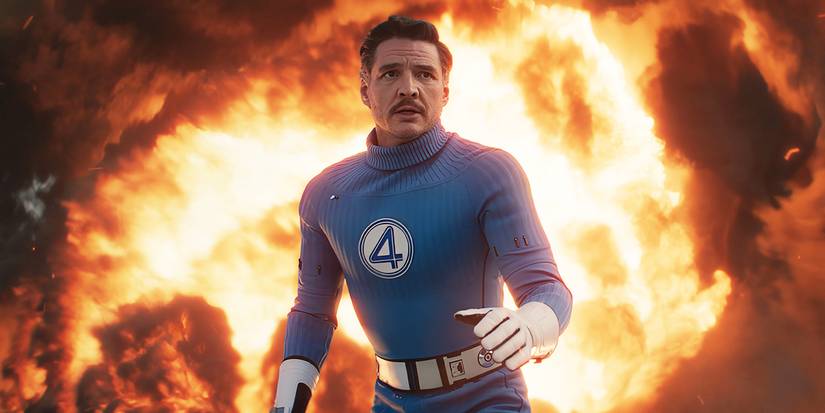 Mr. Fantastic standing with an explosion in the background in The Fantastic Four: First Steps.