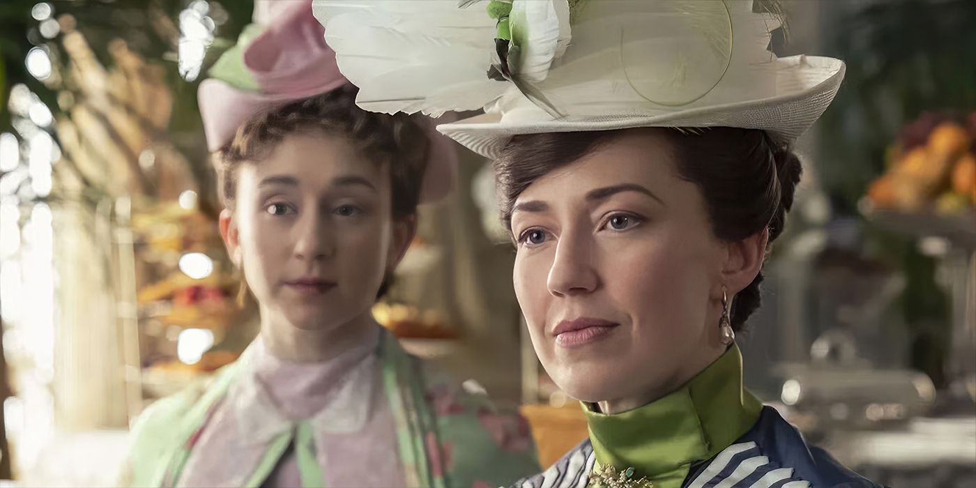 Carrie Coon as Bertha Russell and Taissa Farmiga as Gladys Russell in The Gilded Age Season 1