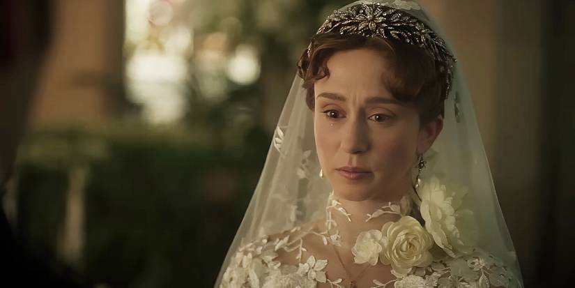 Taissa Farmiga as Gladys Russell in her wedding dress in 'The Gilded Age' Season 3.