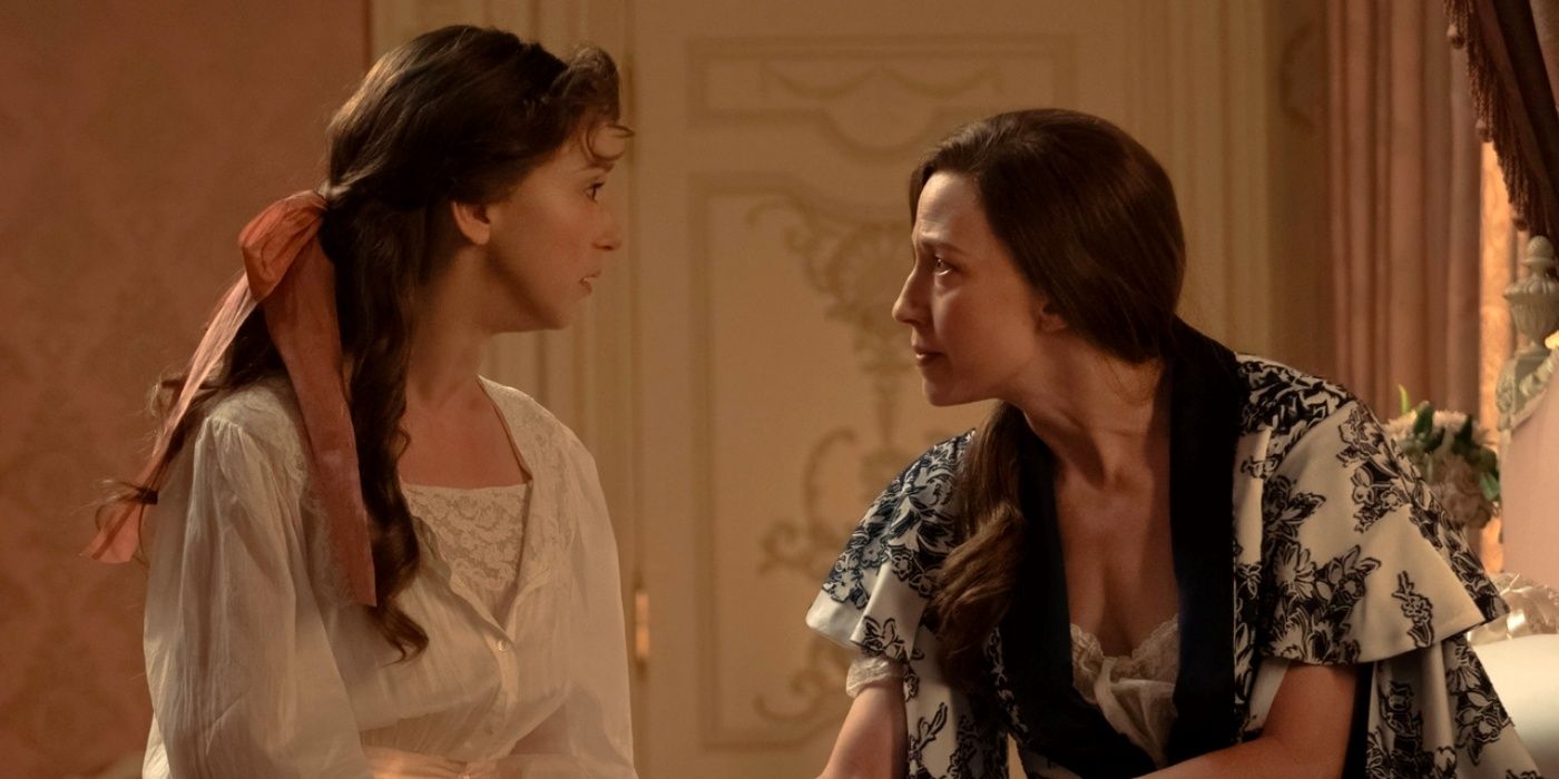 Taissa Farmiga as Gladys having an intense conversation with Carrie Coon as Bertha in The Gilded Age