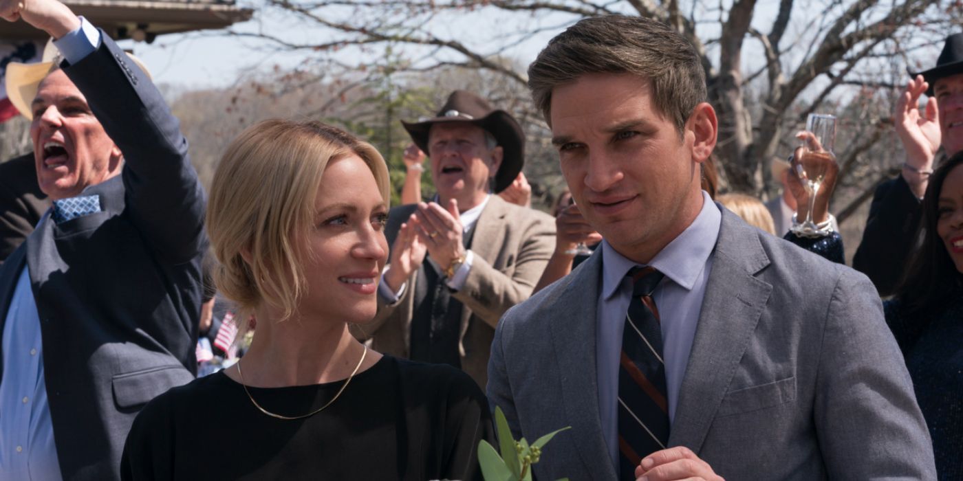 Brittany Snow as Sophie standing side by side with Evan Jonigkeit as Graham in The Hunting Wives