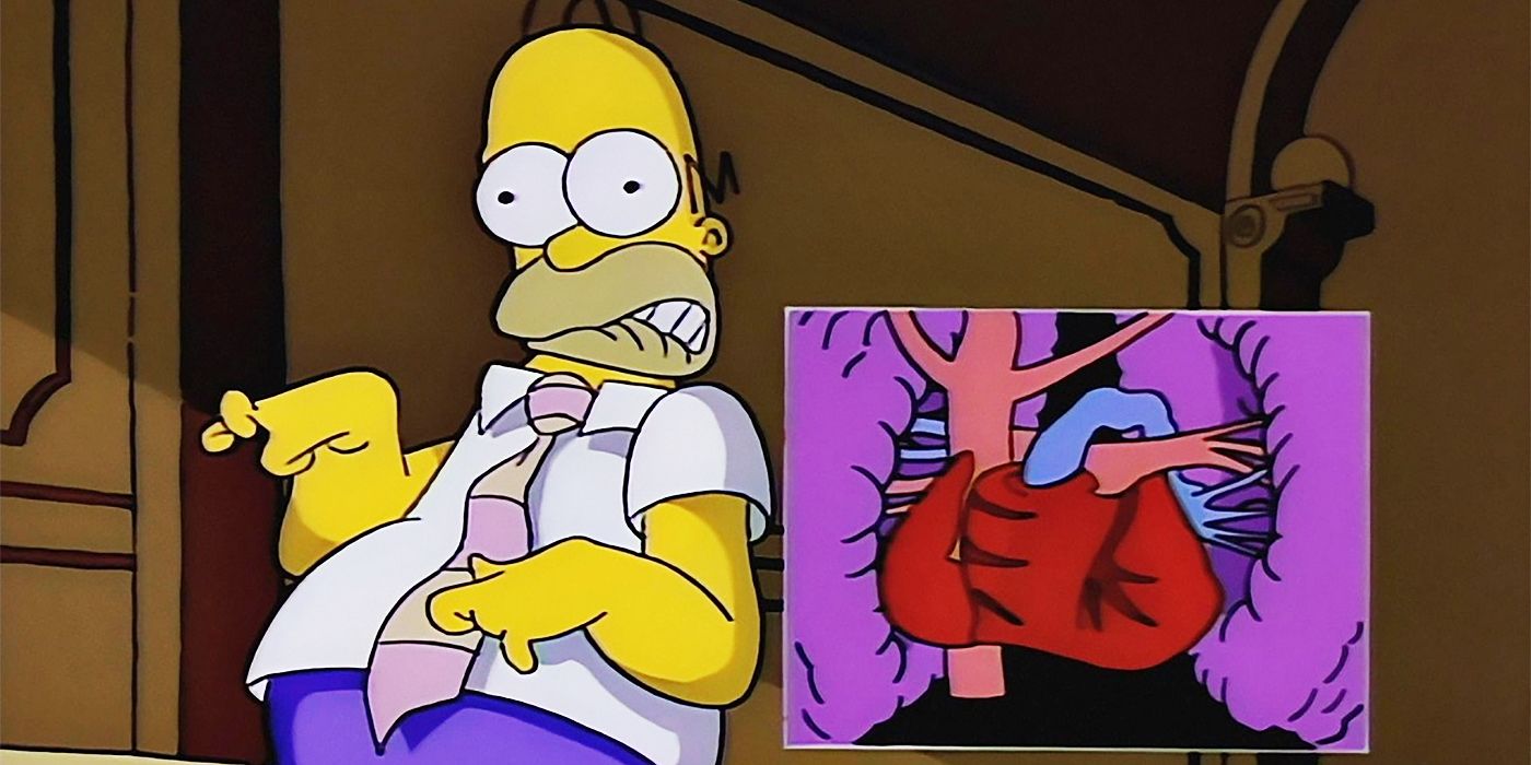 Homer getting a heart attack in "Homer's Triple Bypass" in The Simpsons