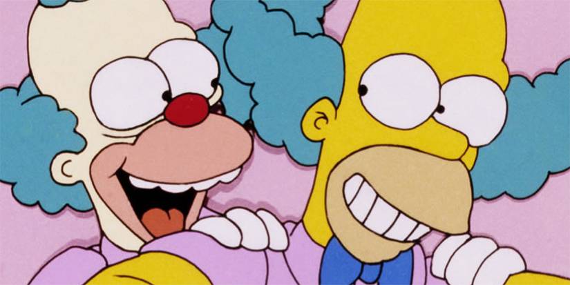 Homer and Krusty the Clown with matching hair, smiling in The Simpson's episode Homie the Clown.