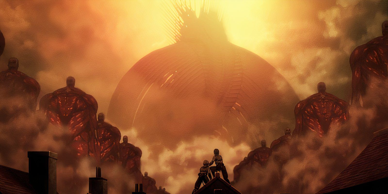 The Wall Titans begin their march to destroy the rest of the world, as two popular characters stand on a house's rooftop watching.