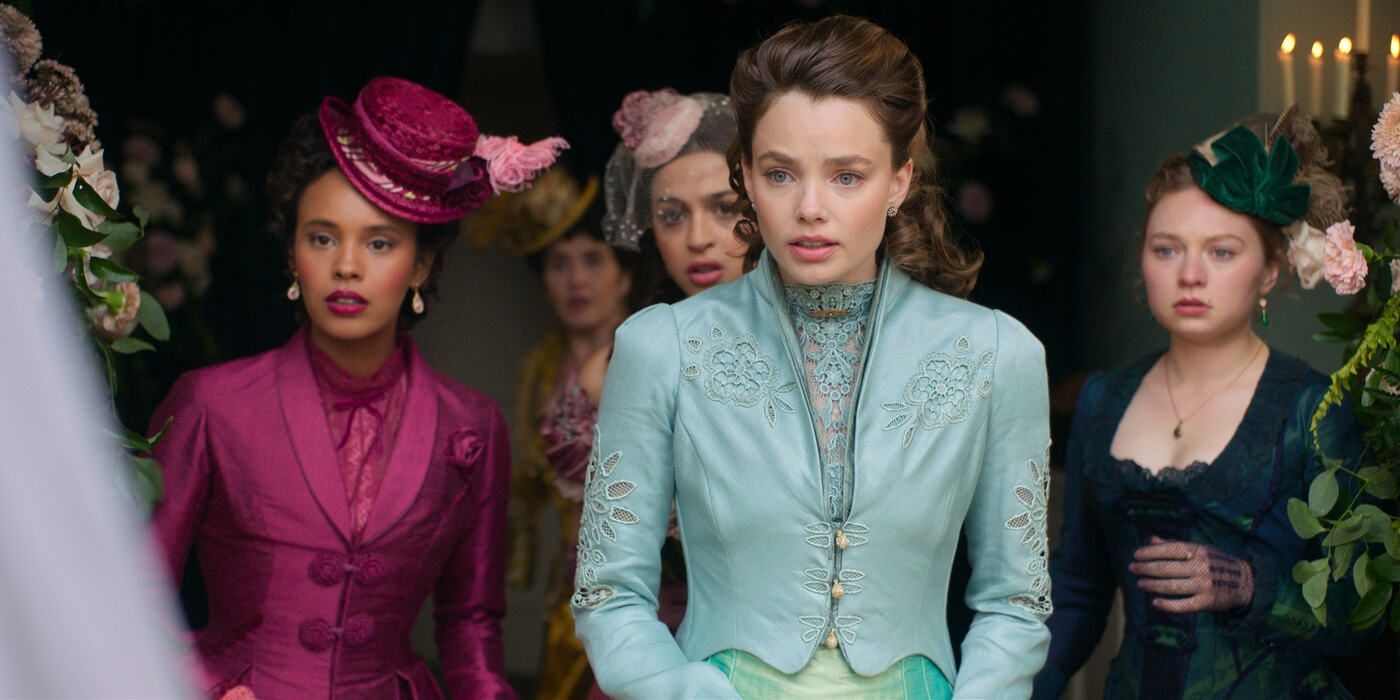 Alisha Boe as Conchita, Josie Totah ad Mabel, Kristine Froseth as Nan and Mia Threapleton as Honoria in 'The Buccaneers'