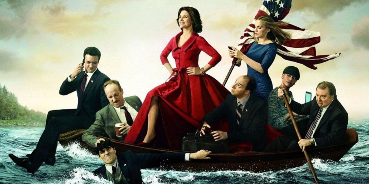 Key art featuring the cast of 'Veep' on a small boat in turbulent waters.