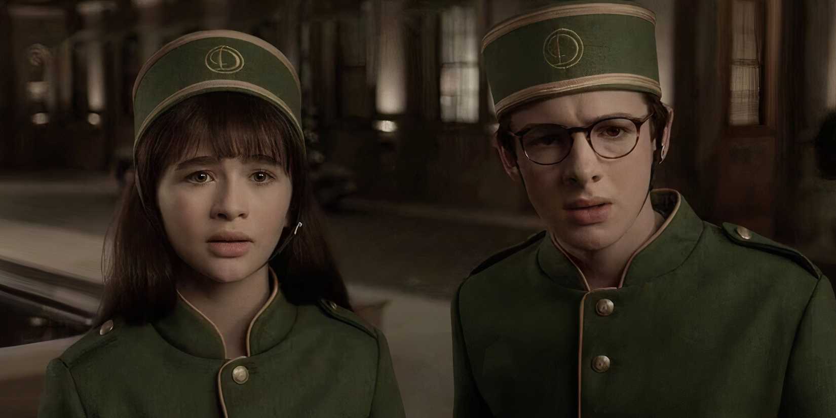 Malina Weissman and Louis Hynes as Violet and Klaus Baudelaire in A Series of Unfortunate Events.