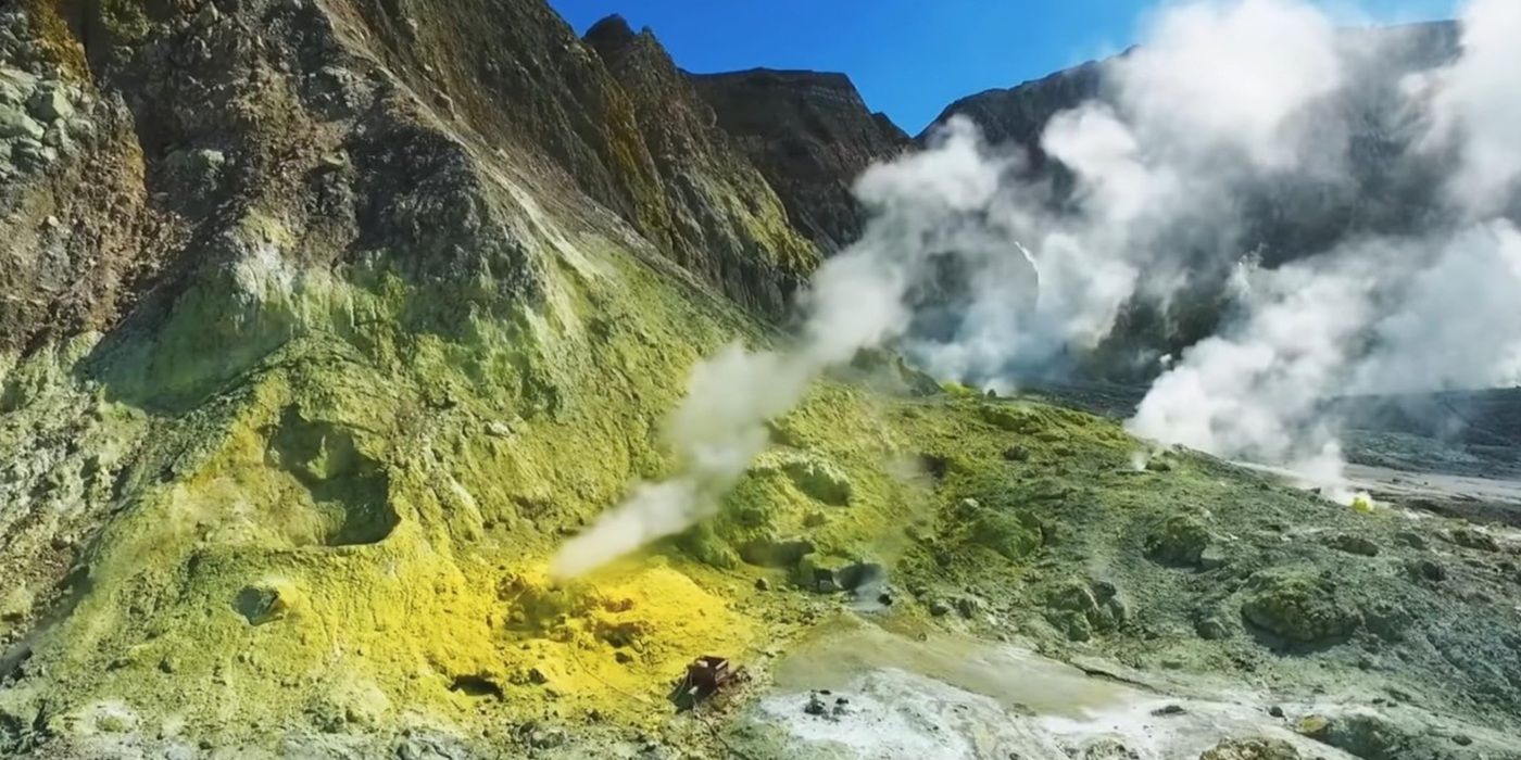 The Volcano: Rescue from Whakaari documentary shows a volcanic eruption.