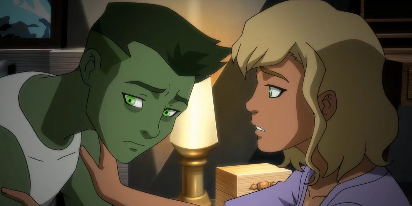 Perdita (Hynden Welch) trying to comfort Beast Boy (Greg Cipes) about his loss in 'Young Justice: Phantoms.'