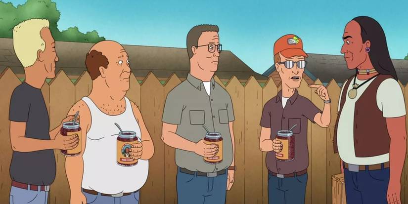 Boomhauer, Bill, Hank, Dale, and John Recorn outside in A Sounder Investment in King of the Hill Season 14.