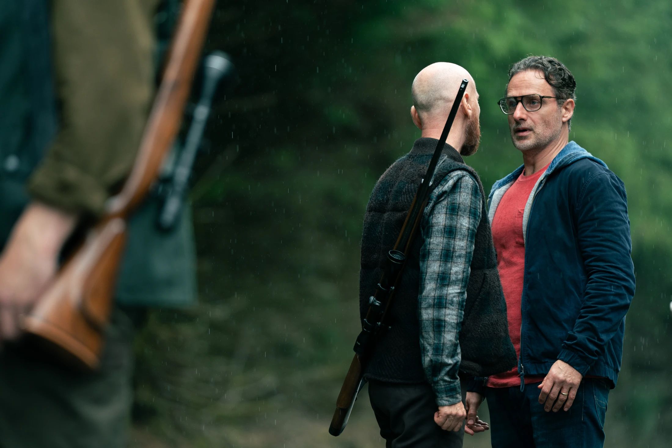 Andrew Lincoln and Ewen Bremner get close in a confrontation in Coldwater