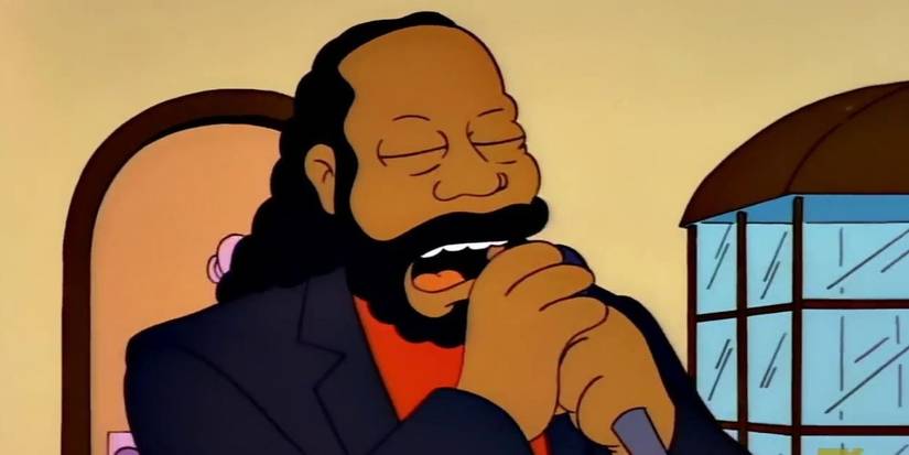 Barry White sings into a microphone outside a house on The Simpsons episode Whacking Day.