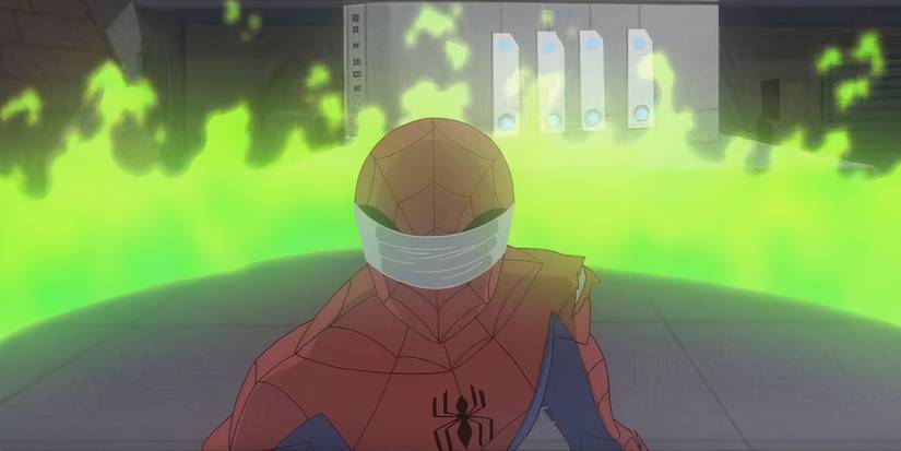 Spider-Man standing blindfolded in a ring of green fire in The Spectacular Spider-Man.