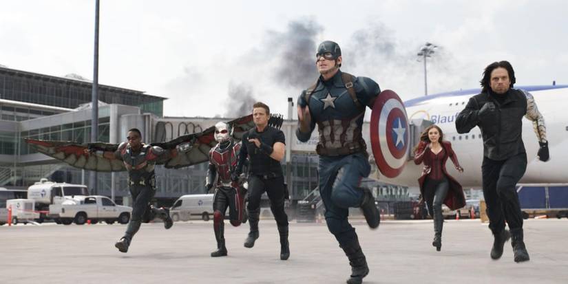 Chris Evans, Elizabeth Olsen, Jeremy Renner, Paul Rudd, Anthony Mackie, and Sebastian Stan in Captain America: Civil War