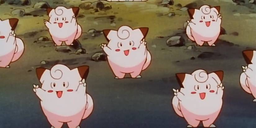 A group of Clefairy holding up their hands in the Pokemon anime series.