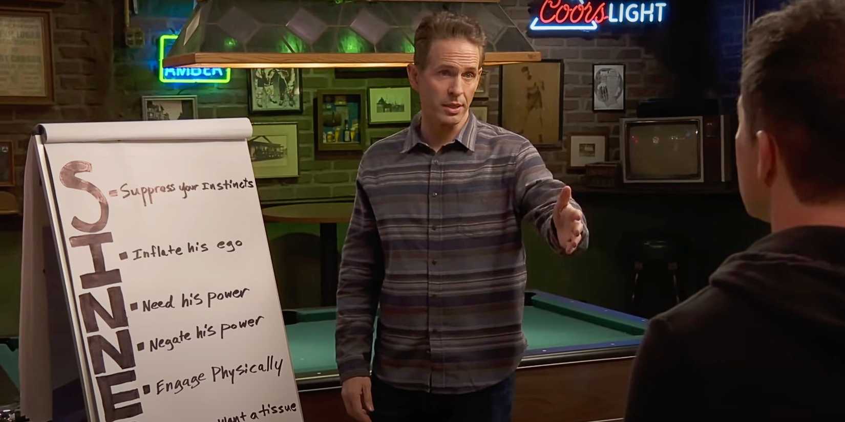 Dennis stands in front of a note pad with SINNED acronym in IT's Always Sunny in Philadelphia Season 16.