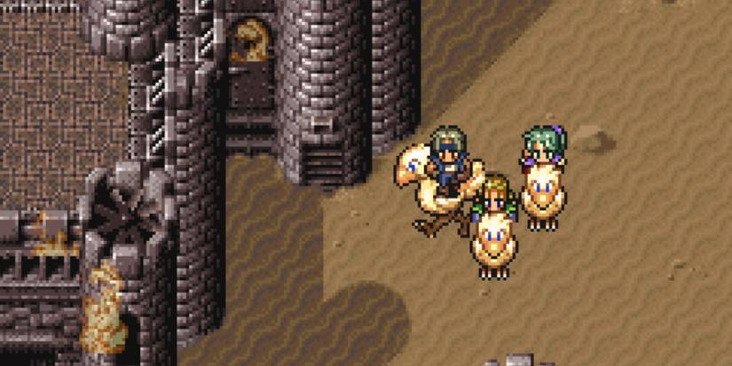 Three people riding on giant chickens outside of a castle in Final Fantasy VI