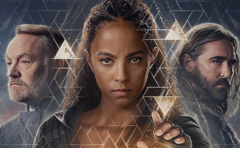 The poster of Foundation Season 3 with Lou Llobell, Jared Harris, and Lee Pace