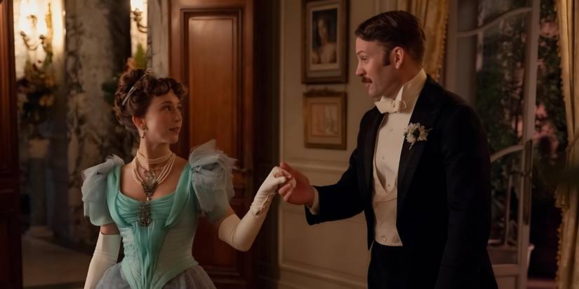 Gladys (Taissa Farmiga) and Hector (Ben Lamb) hand-in-hand in formal wear in The Gilded Age Season 3 finale
