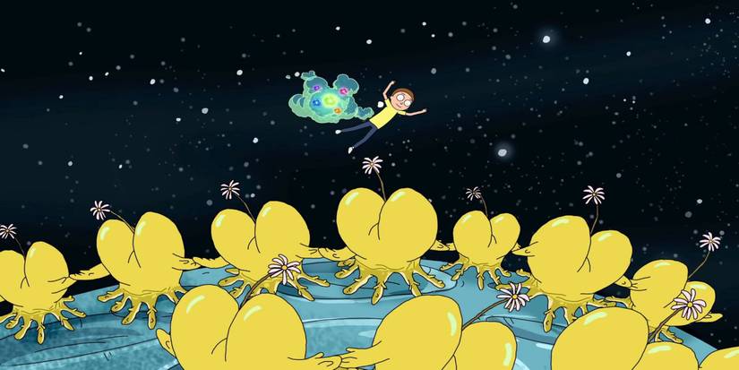 Morty flies in space over aliens in Rick and Morty.