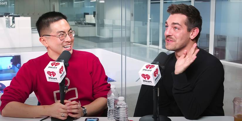 Matt Rogers and Bowen Yang laugh while recording Las Culturistas