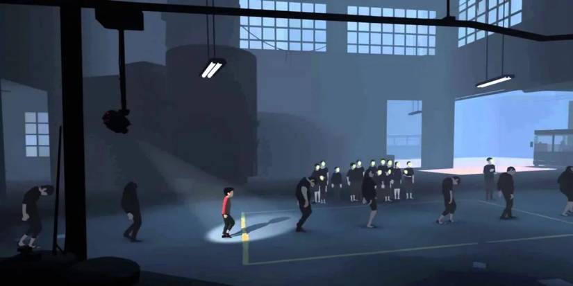 Light focused on a boy walking in a line of people in Inside