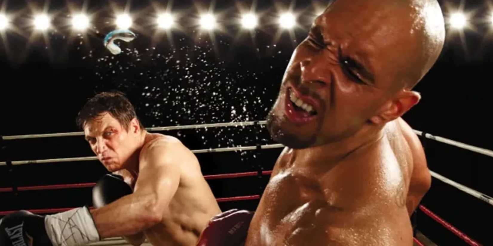 Holt McCallany as Patrick "Lights" Leary punches an opponent and his mouthguard goes flying in Lights Out.