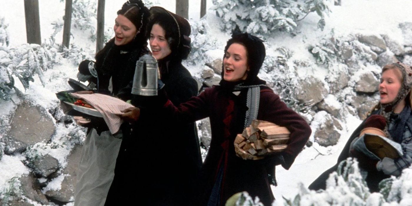 The March sisters caroling and carrying food in the snow in the 1994 Little Women.