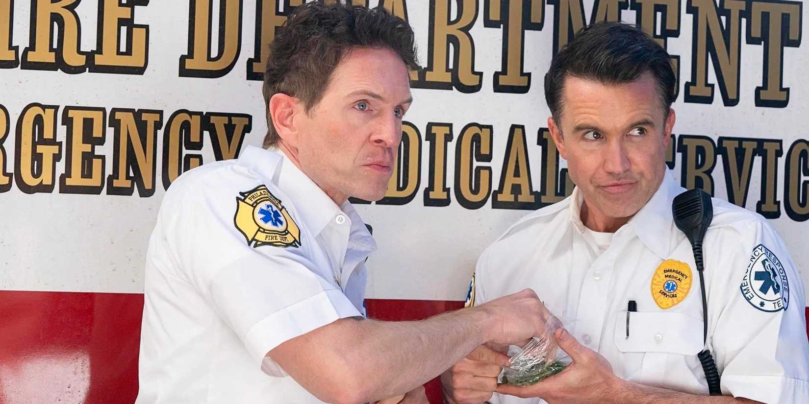 Dennis and Mac eating ghost peppers while dressed as EMTs in It's Always Sunny in Philadelphia Season 17.