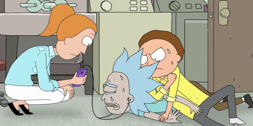 Summer and Morty make Tiny Rick listen to music in Rick and Morty.