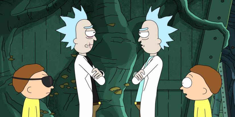 Rick and Morty stand in front of evil versions of themselves in Rick and Morty.