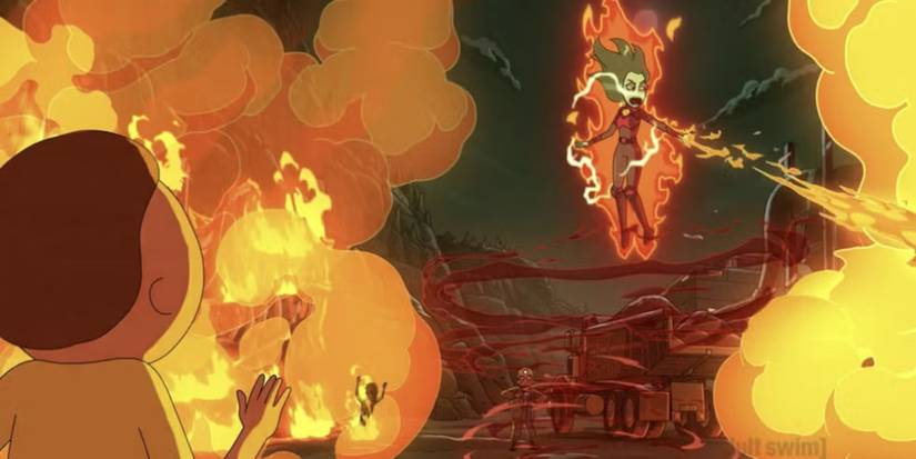 Planetina sets miners on fire while Morty watches in Rick and Morty.