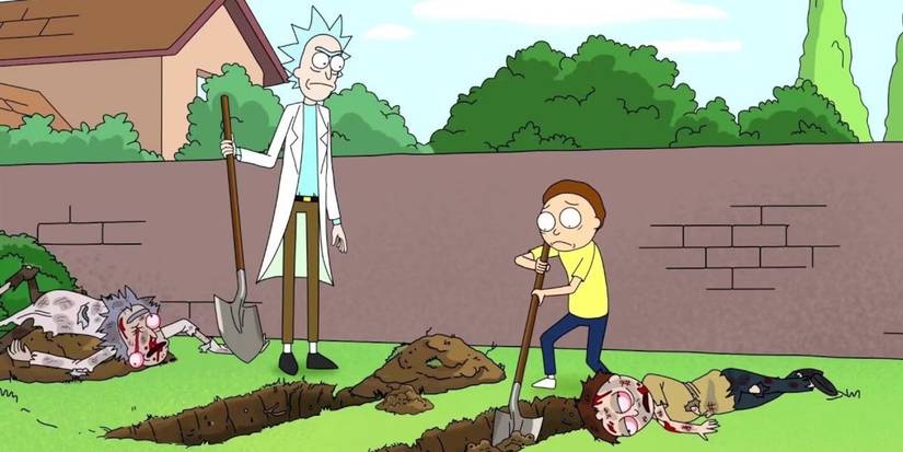 Rick and Morty dig graves for the dead versions of themselves in Rick and Morty.