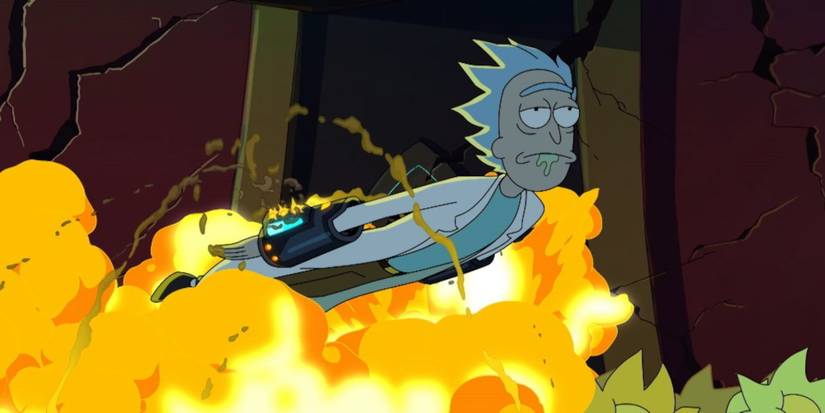 A depressed Rick flies over flames in Rick and Morty.