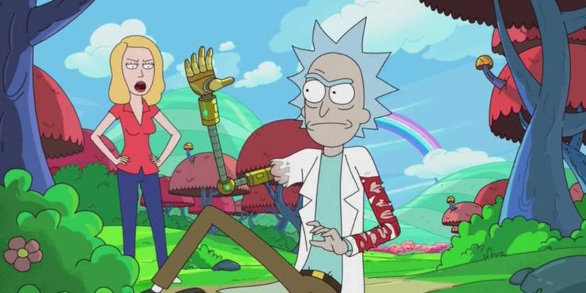 Rick grimaces with a robot arm as Beth stands behind him in Rick and Morty.