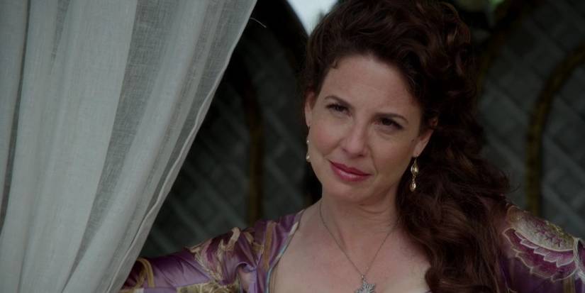 Robin Weigert as Bo Peep next to a curtain looking ahead in Once Upon a Time.