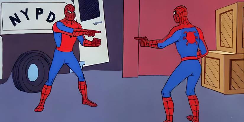 Two Spider-Men pointing at each other in the 60s Spider-Man animated series.