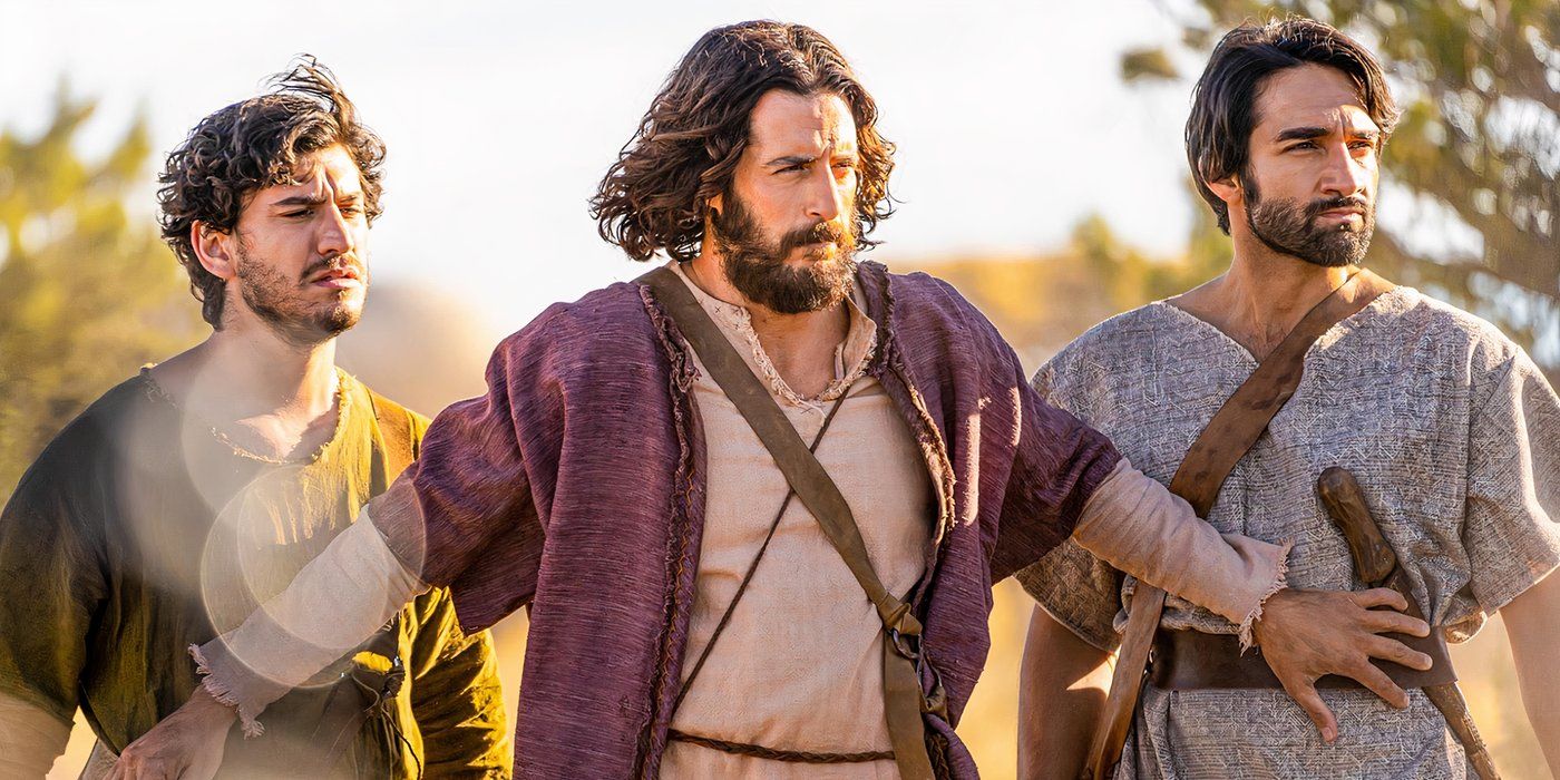 Jonathan Roumie as Jesus in The Chosen holds back two of his followers from a confrontation off-screen