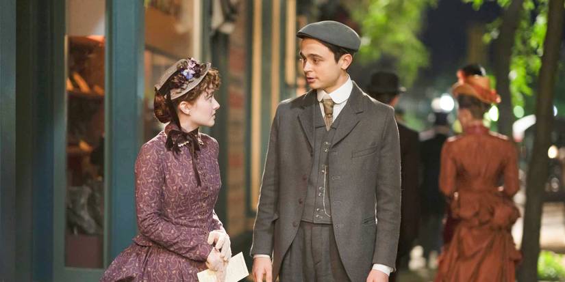 Jack and Bridget standing outside and looking at each other in The Gilded Age Season 1.