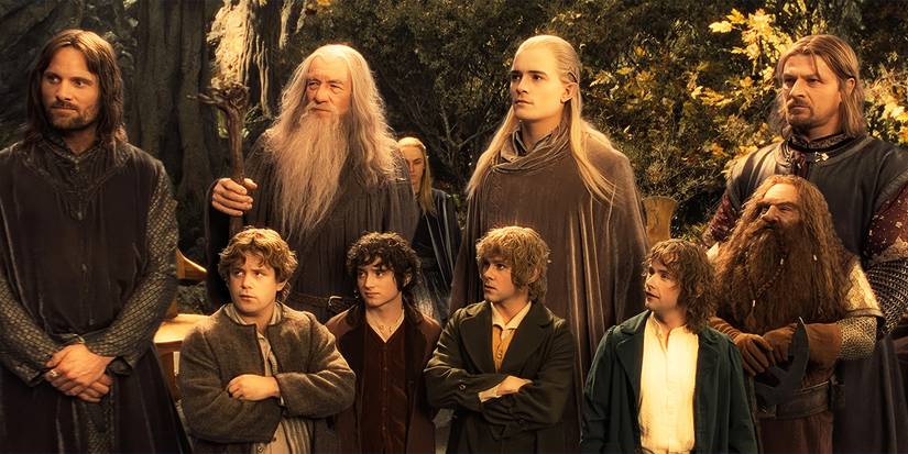 Aragorn, Gandalf, Legolas, Boromir, Samwise, Frodo, Gimli, Merry y Pippin forman La Comunidad en El Señor de los Anillos: La Comunidad del Anillo